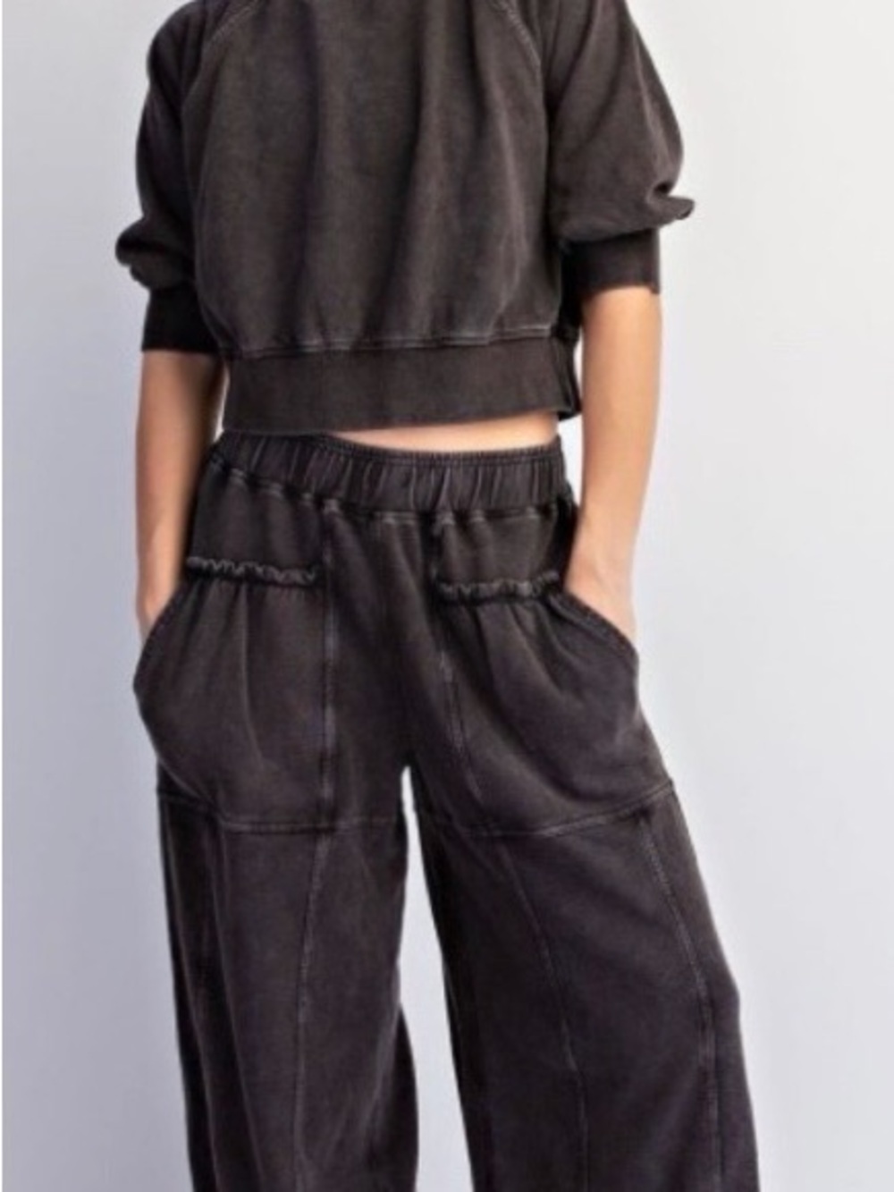 Mineral Washed Charcoal Wide-Leg Lounge Pants With Cropped Pullover